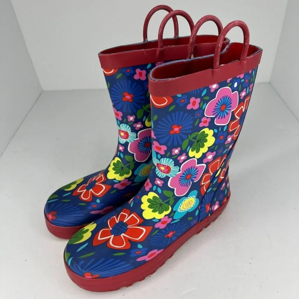 KomforMe Girls Multicolor Floral Rain Boots Mid Top Round Toe Pull On Size 4